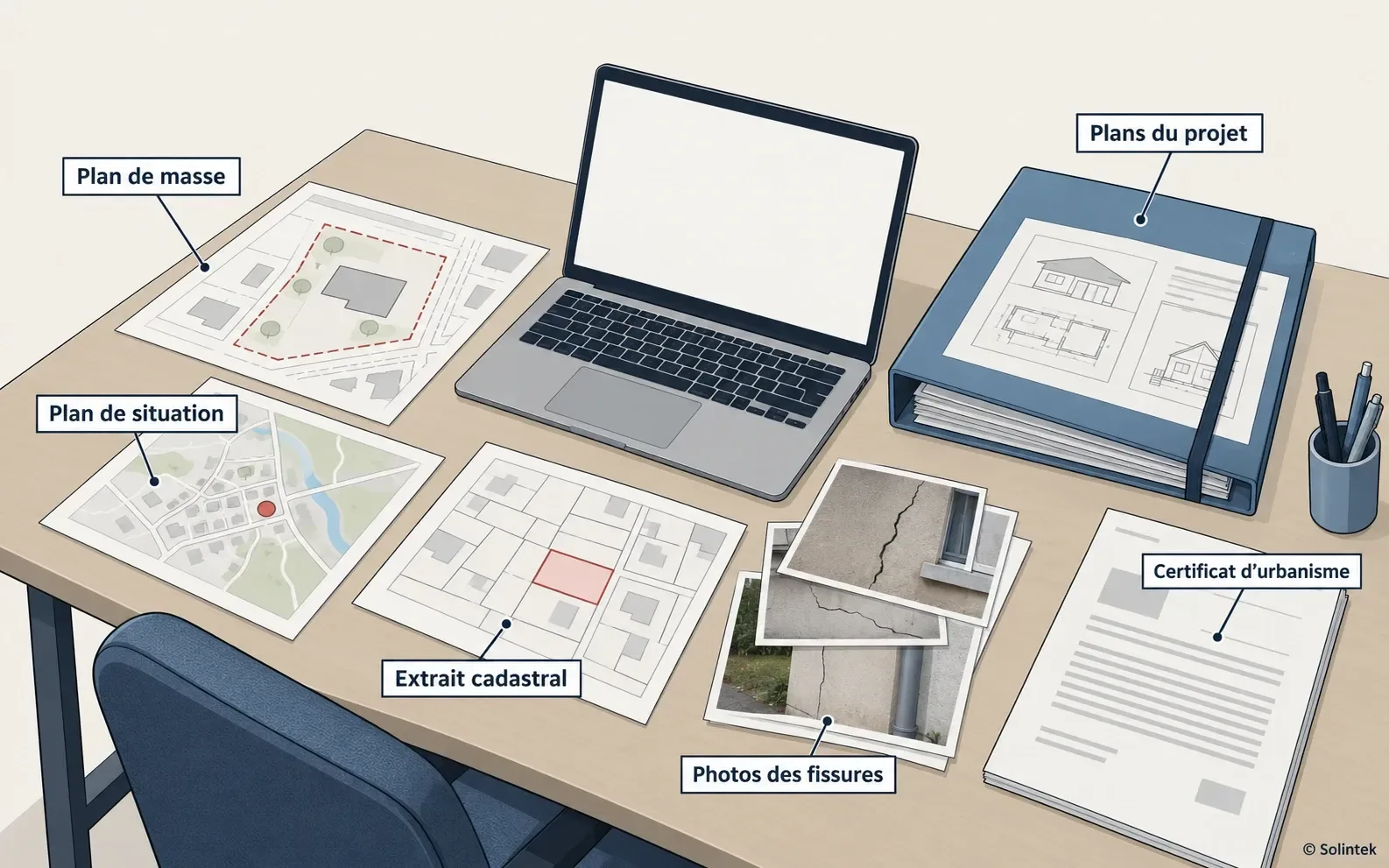 Illustration des pièces d’un dossier d’étude de sol réunies sur un bureau : plan de masse, plan de situation, extrait cadastral, plans du projet, photos des fissures et certificat d’urbanisme.